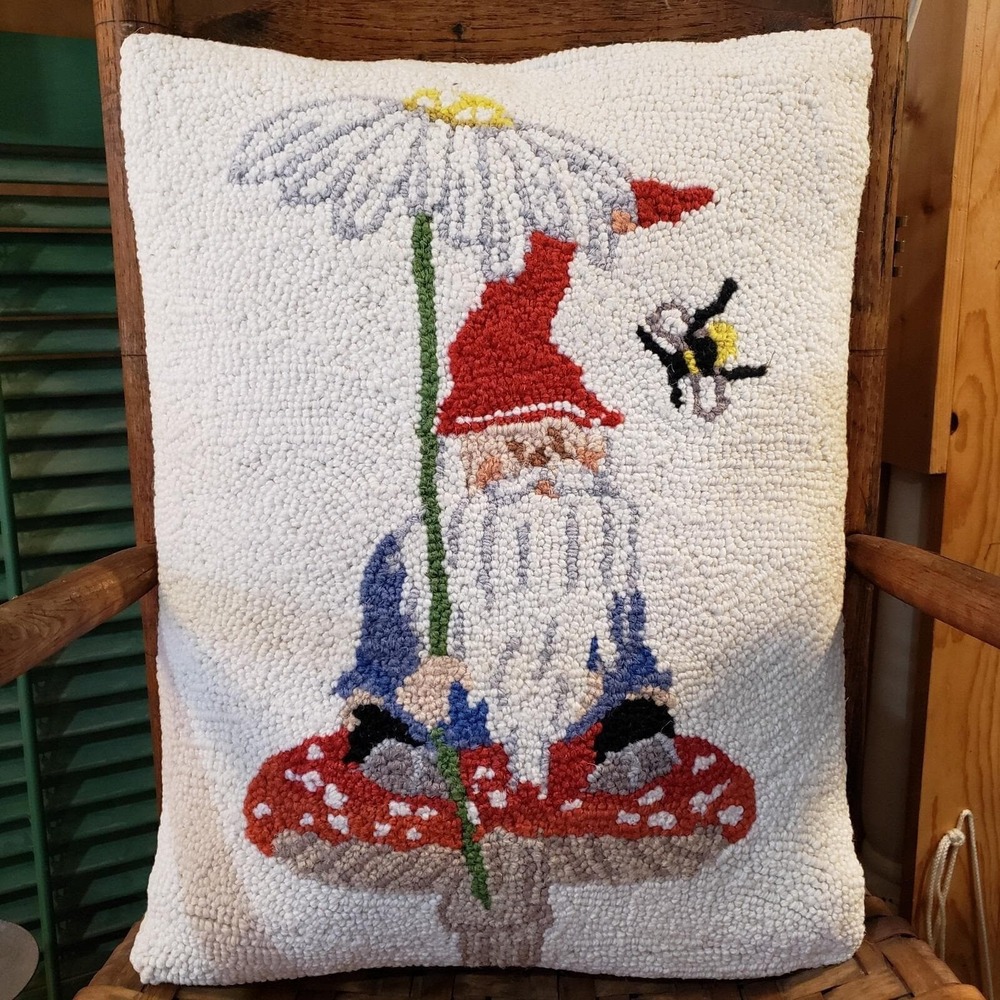 Toadstool Gnome Wool Hooked Pillow 14" x 18" NEW by Peking Handicraft
